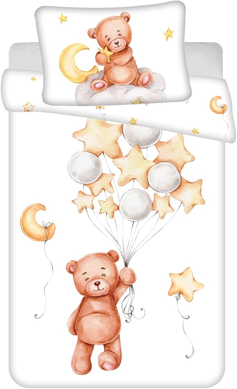 Baby Bettwäsche Teddy Mond & Stern-Ballons 100 x 135 cm 100% Baumwolle Vorderseite und ein Teil der Rückseite. Teddybär hält Mond & Stern-Ballons in der Hand. Teddy sitzt neben dem Mond auf einer Wolke.