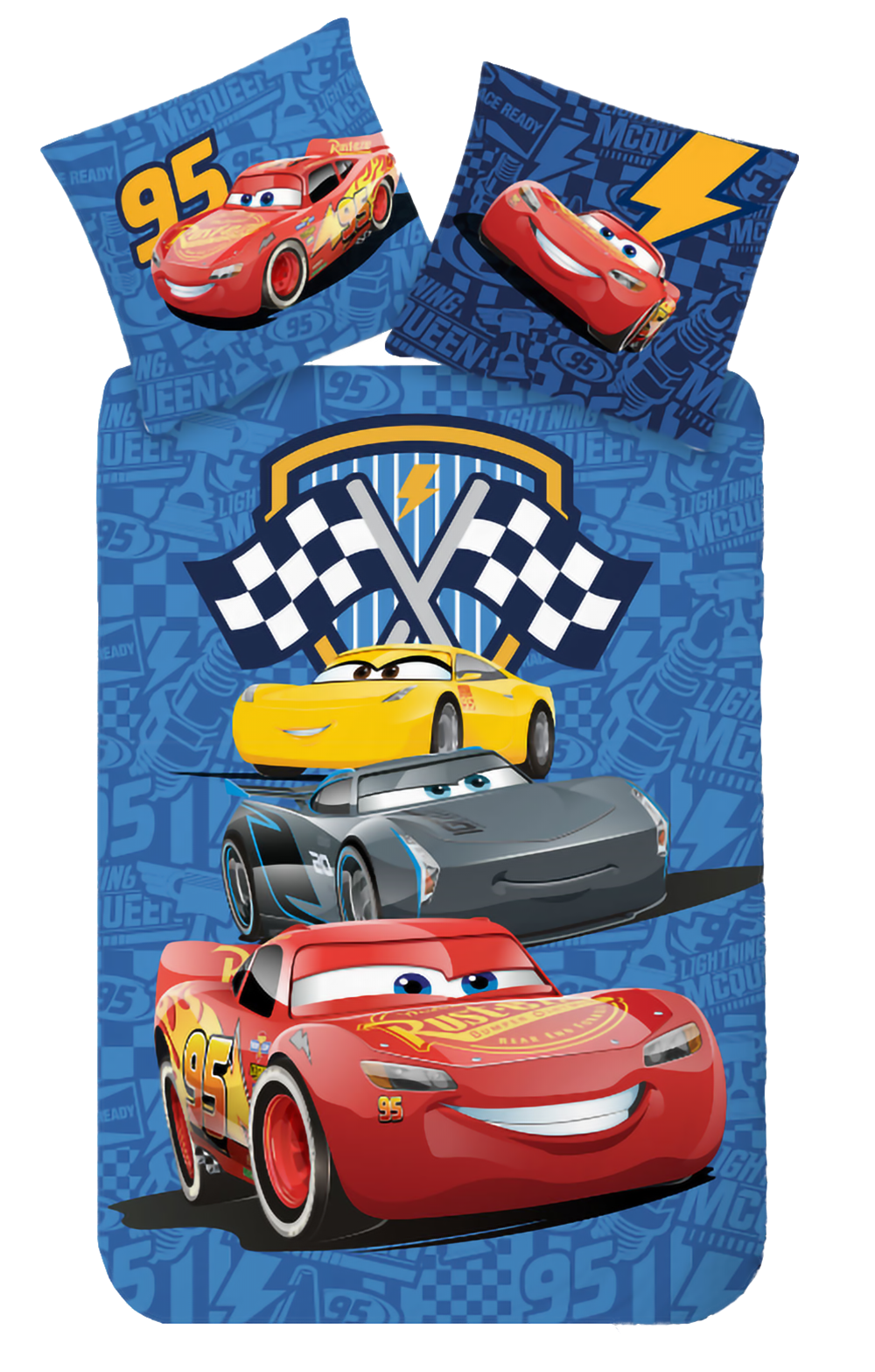 Cars Racing Crew Wende Bettwäsche Set 2 tlg 135 x 200 cm Baumwolle Vorderseite mit Lightning McQueen zusammen mit seiner Crew.