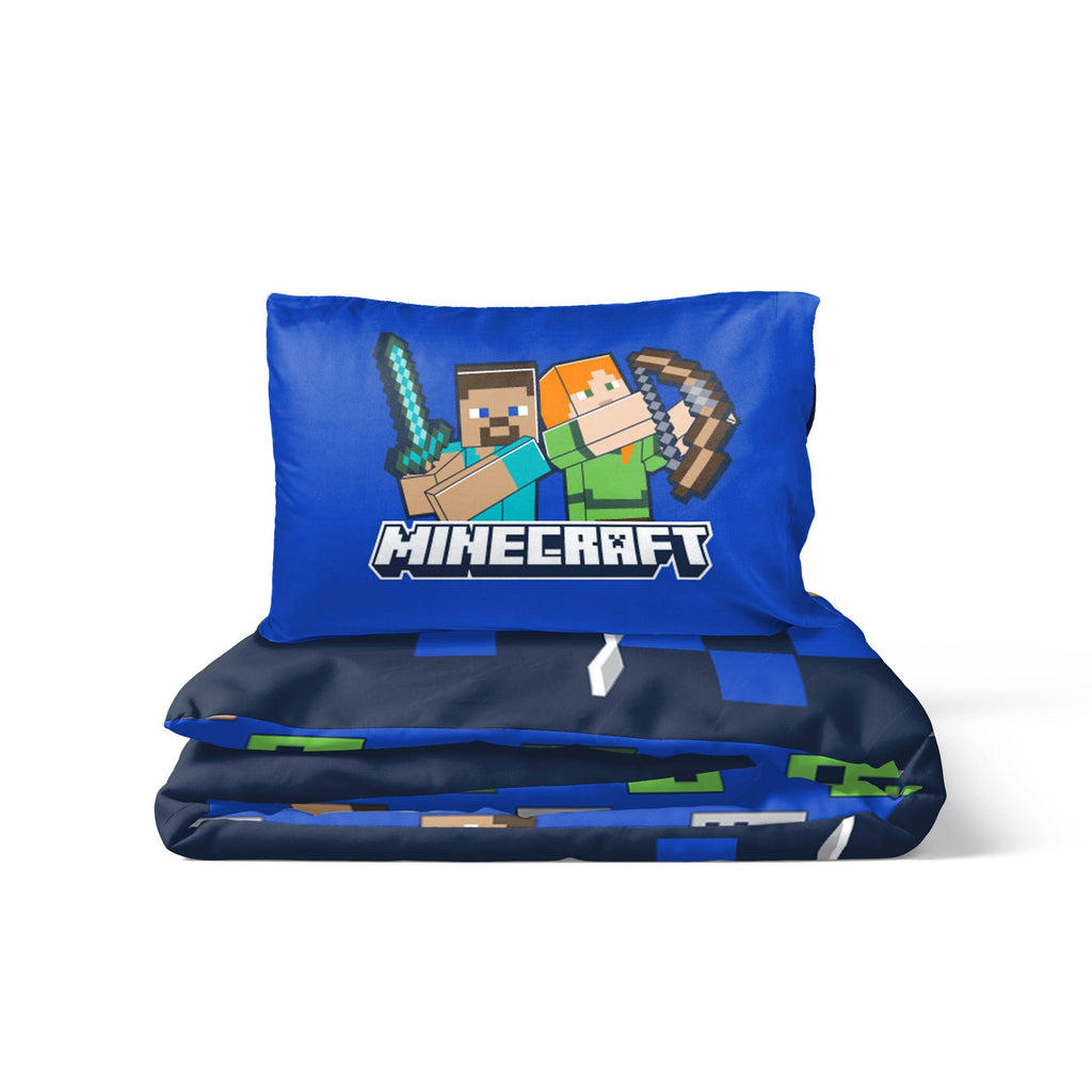 Minecraft I Got Your Back Bettwäsche Set 2 tlg 135 x 200 cm Baumwolle zusammengefaltet. Das Kopfkissen zeigt Steve und Alex.