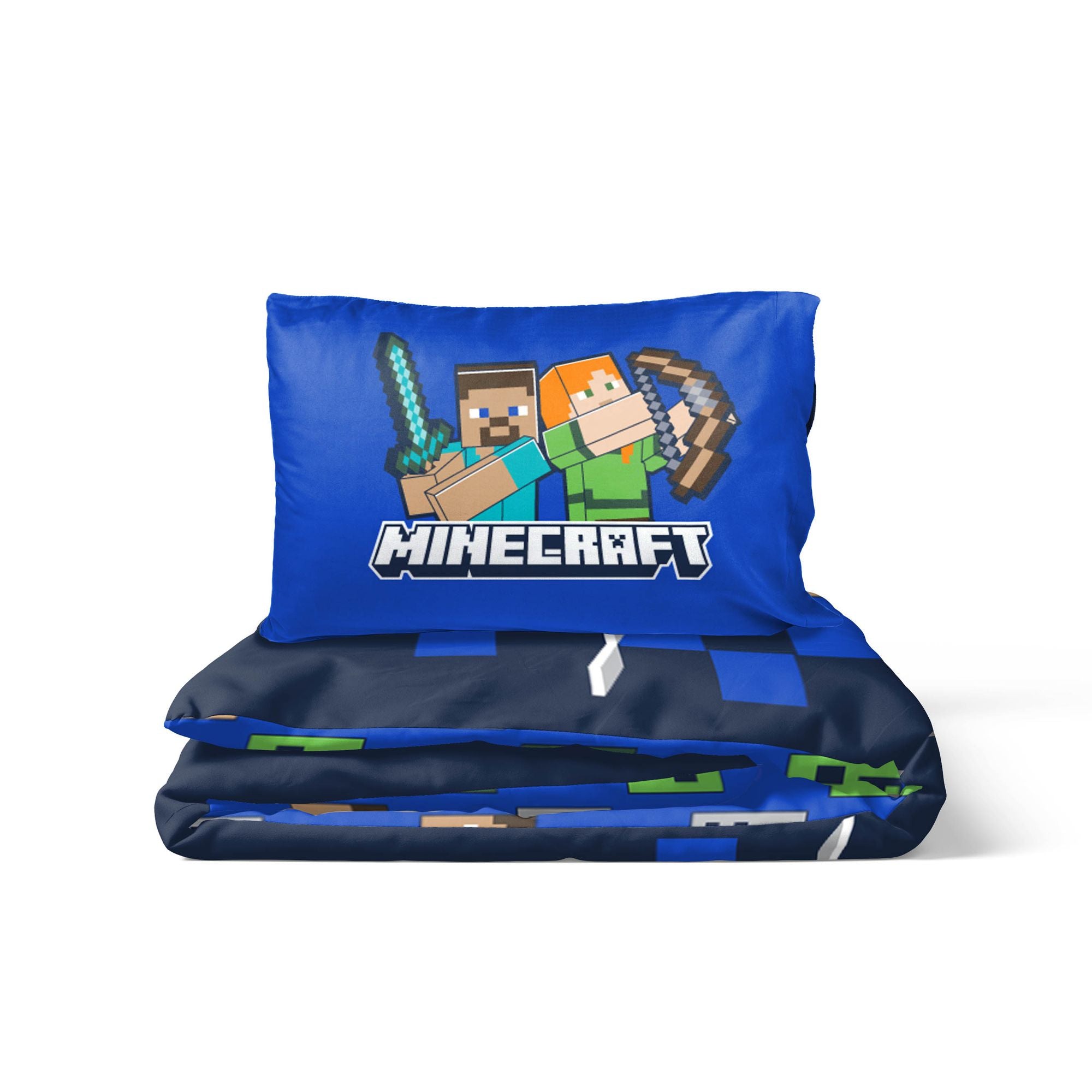 Minecraft I Got Your Back Bettwäsche Set 2 tlg 135 x 200 cm Baumwolle zusammengefaltet. Das Kopfkissen zeigt Steve und Alex.