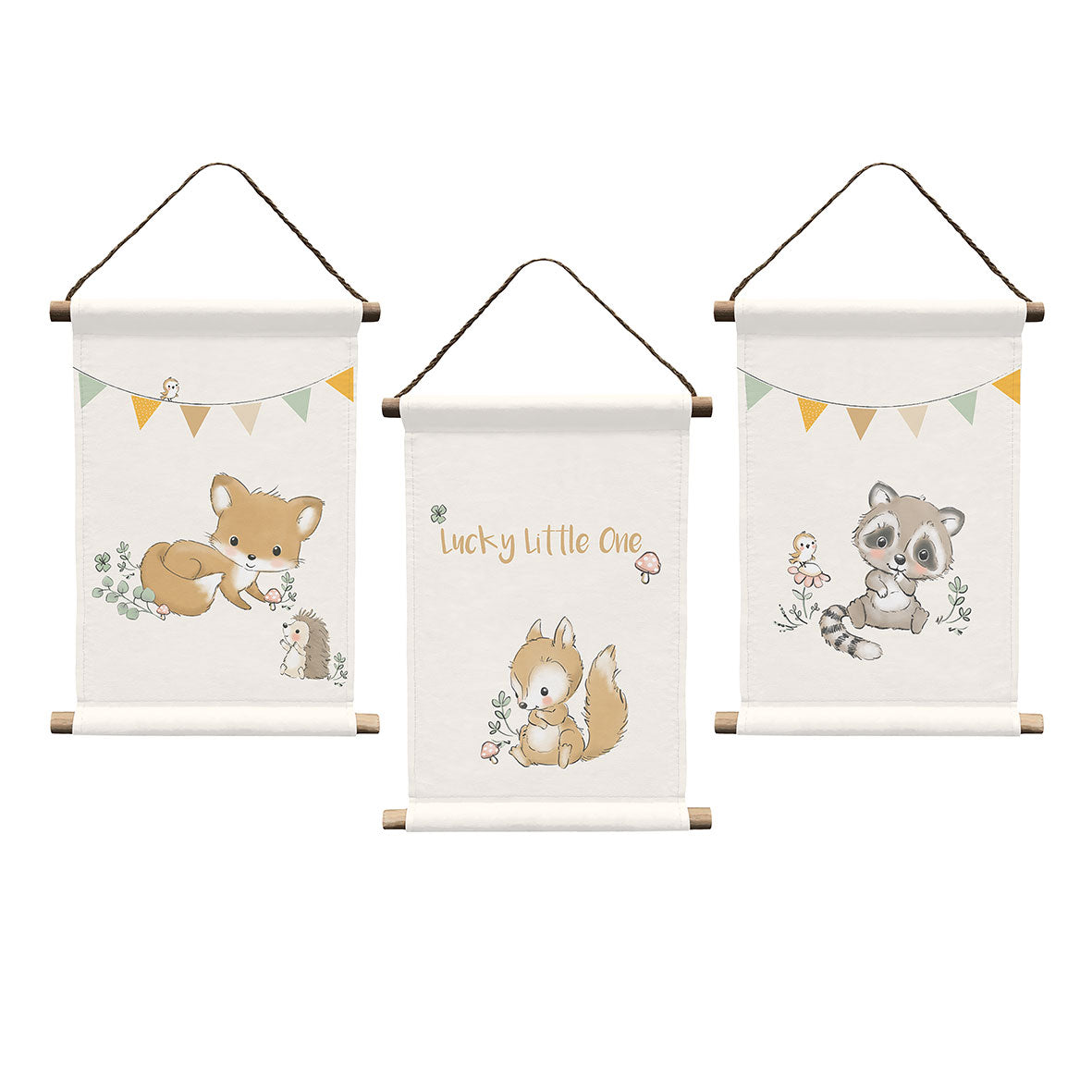 Wandbilder-Set Waldfreunde Tiere 3er-Pack 20 x 30 cm 100% Baumwolle 3 Motive nebeneinander.