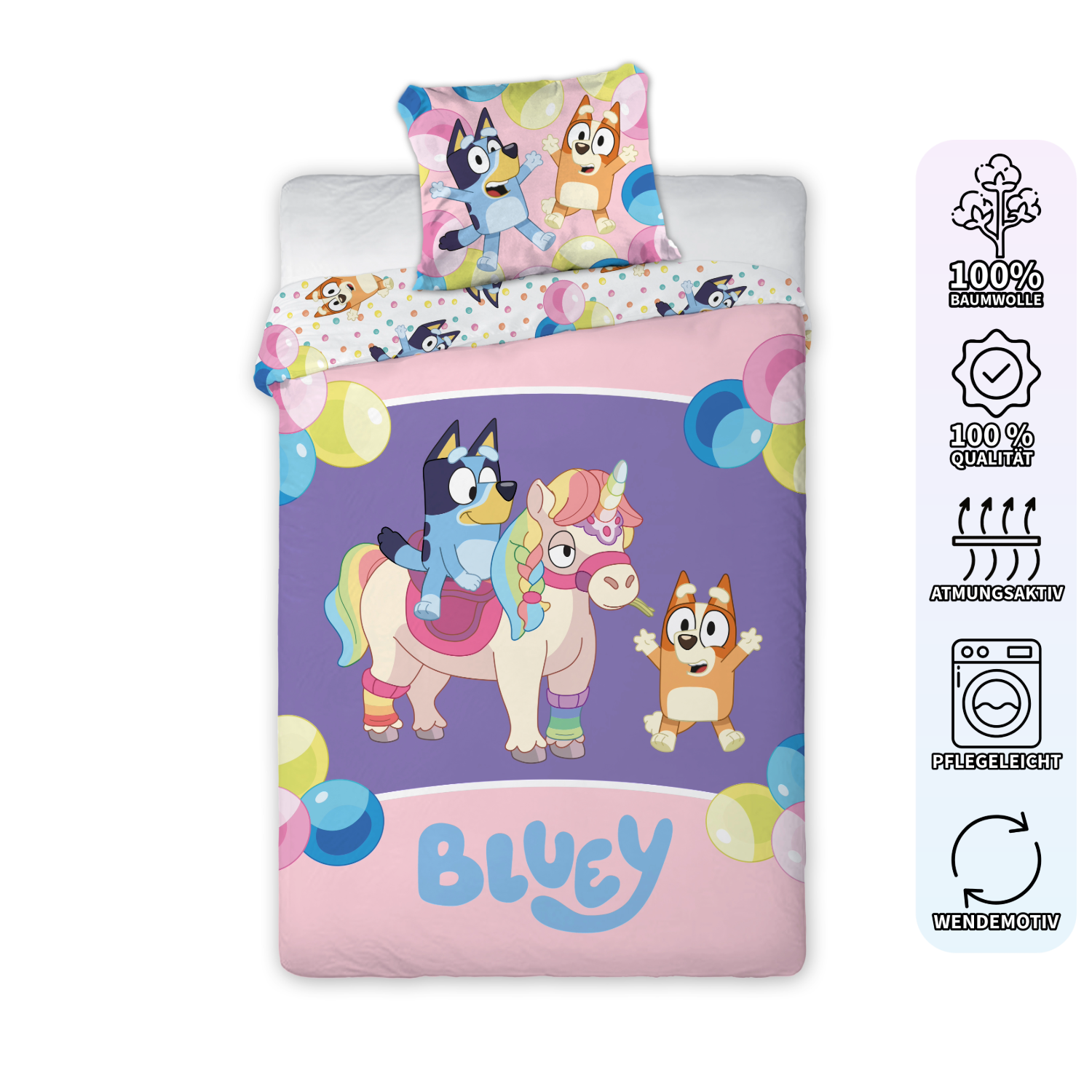 Bluey Einhorn Baby Bettwäsche Set 2 tlg. 100x135 cm 40x60cm Baumwolle mit Eigenschaften.