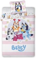 Bluey, Bingo & Muffin Baby Bettwäsche Set 2 tlg. 100x135 cm Baumwolle Vorderseite und ein Teil der Rückseite.