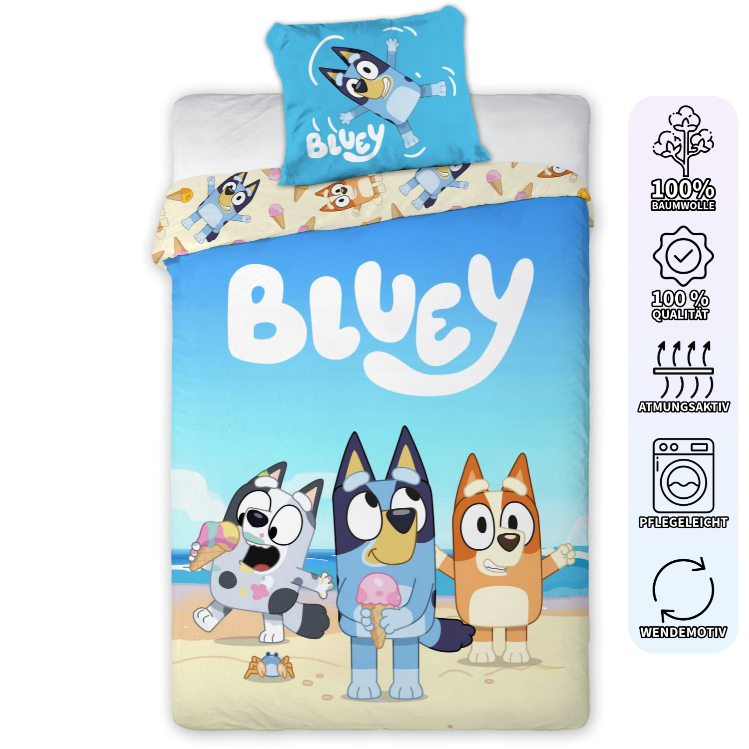 Bluey, Bingo & Muffin Strand Baby Bettwäsche Set 100x135 cm Baumwolle mit Eigenschaften