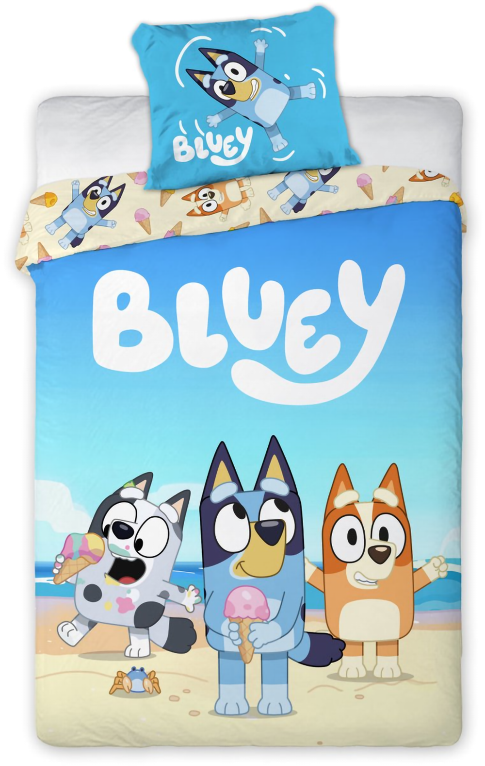 Freigestellte Produktansicht vom Bluey, Bingo & Muffin Strand Baby Bettwäsche Set 100x135 cm Baumwolle