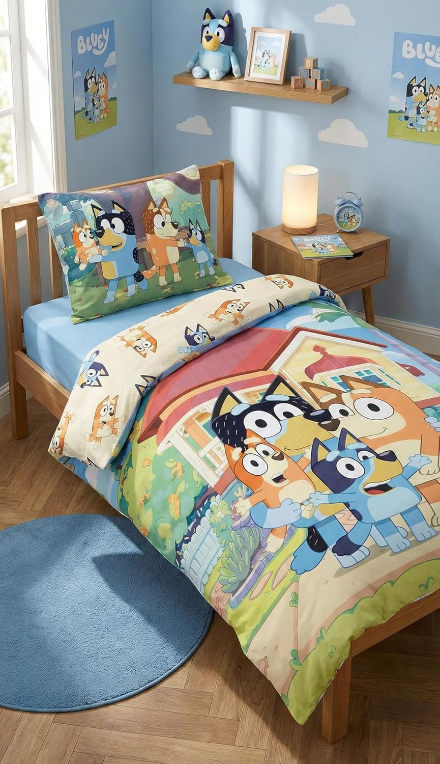 Bluey Heeler-Familie Haus Baby Bettwäsche Set 100x135 cm Baumwolle aufgezogen auf einem Bett.