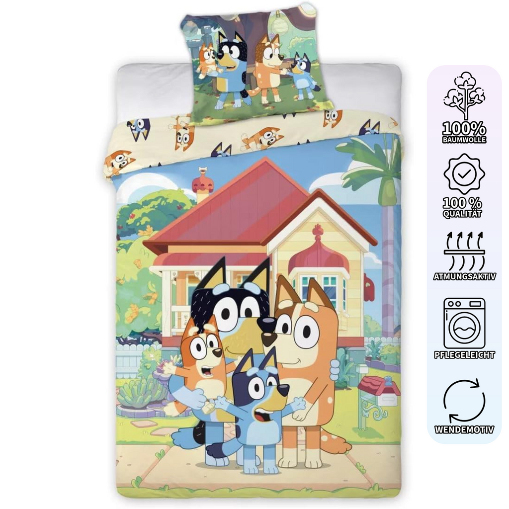 Bluey Heeler-Familie Haus Baby Bettwäsche Set 100x135 cm Baumwolle mit Eigenschaften.
