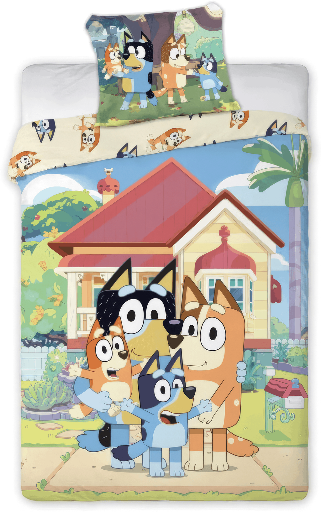 Freigestellte Produktansicht vom Bluey Heeler-Familie Haus Baby Bettwäsche Set 100x135 cm 100% Baumwolle