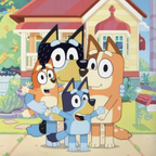 Bluey Heeler-Familie Haus Baby Bettwäsche Set 100x135 cm Baumwolle Nahaufnahme vom Motiv. Familie Heeler vor ihrem Haus.