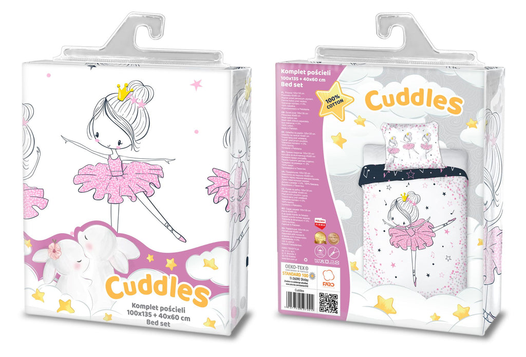 Baby Bettwäsche Set mit Ballerina 2 tlg. 100x135 cm 100% Baumwolle Verpackung Vorderseite und Rückseite.