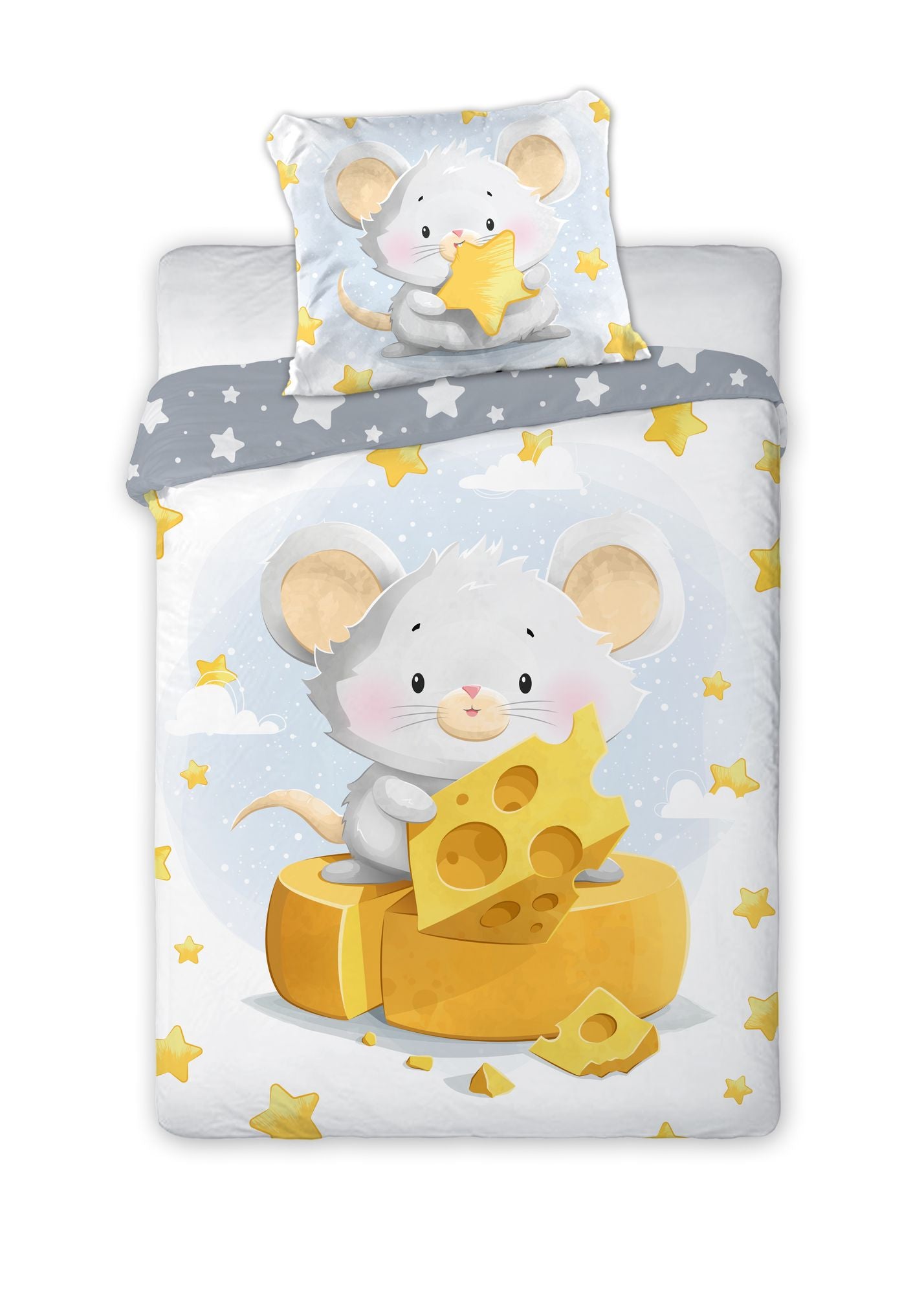 Baby Bettwäsche Set mit Maus & Käse 2 tlg. 100x135 cm 100% Baumwolle Vorderseite und ein Teil der Rückseite.