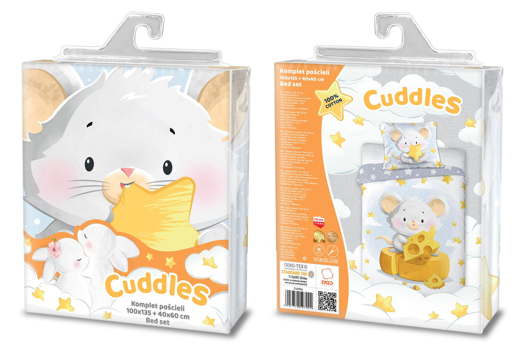 Baby Bettwäsche Set mit Maus & Käse 2 tlg. 100x135 cm 100% Baumwolle Verpackung Vorderseite und Rückseite.