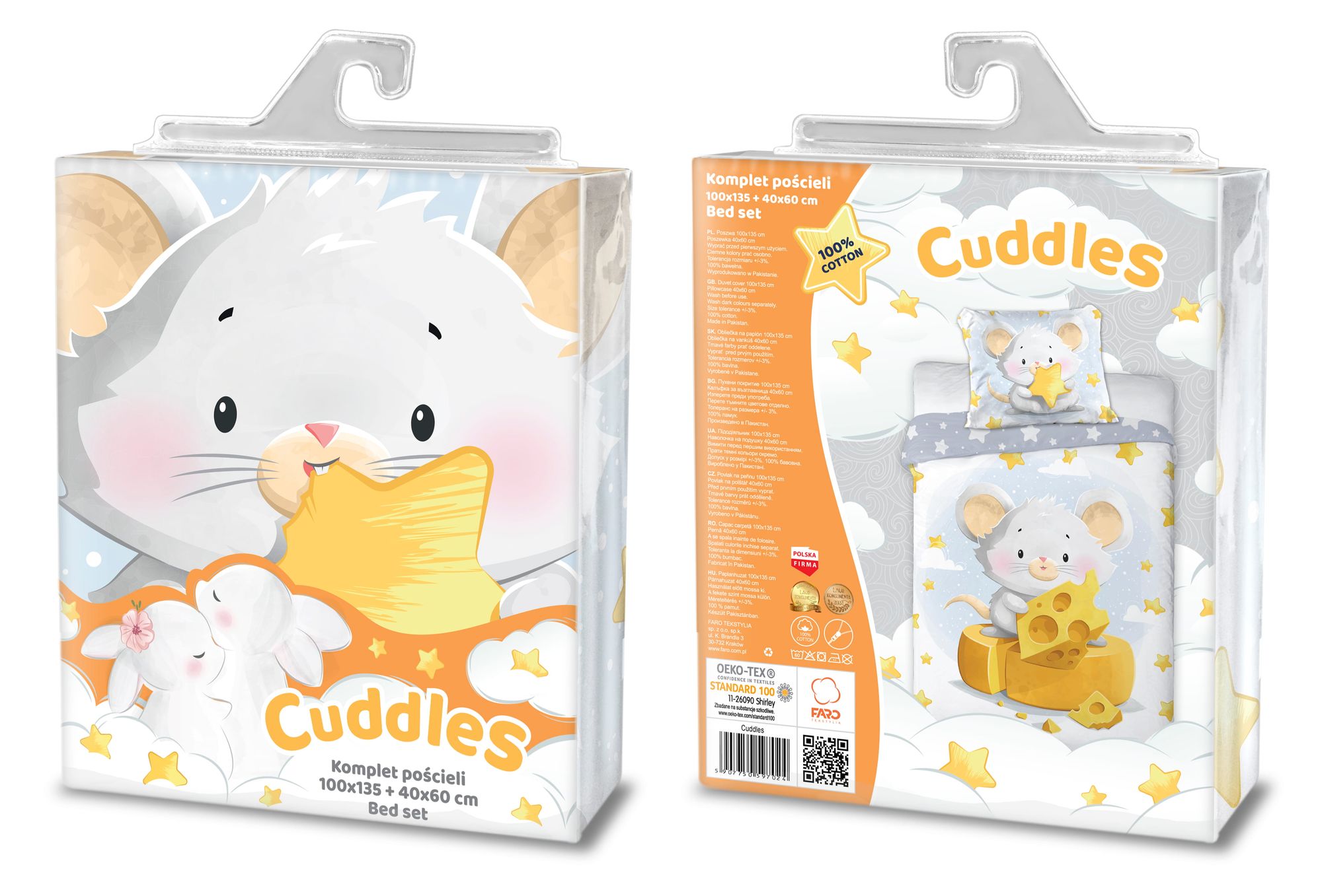 Baby Bettwäsche Set mit Maus & Käse 2 tlg. 100x135 cm 100% Baumwolle Verpackung Vorderseite und Rückseite.