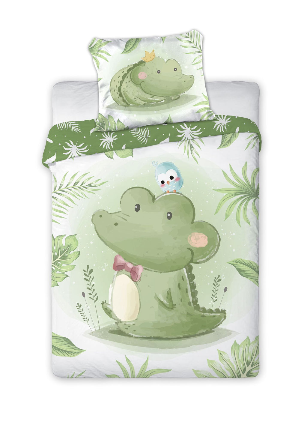 Baby Bettwäsche Set mit Krokodil 2 tlg. 100x135 cm 100% Baumwolle Vorderseite und ein Teil der Rückseite.