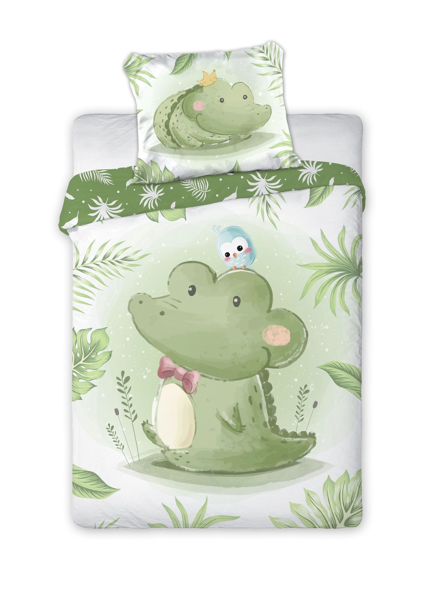 Baby Bettwäsche Set mit Krokodil 2 tlg. 100x135 cm 100% Baumwolle Vorderseite und ein Teil der Rückseite.