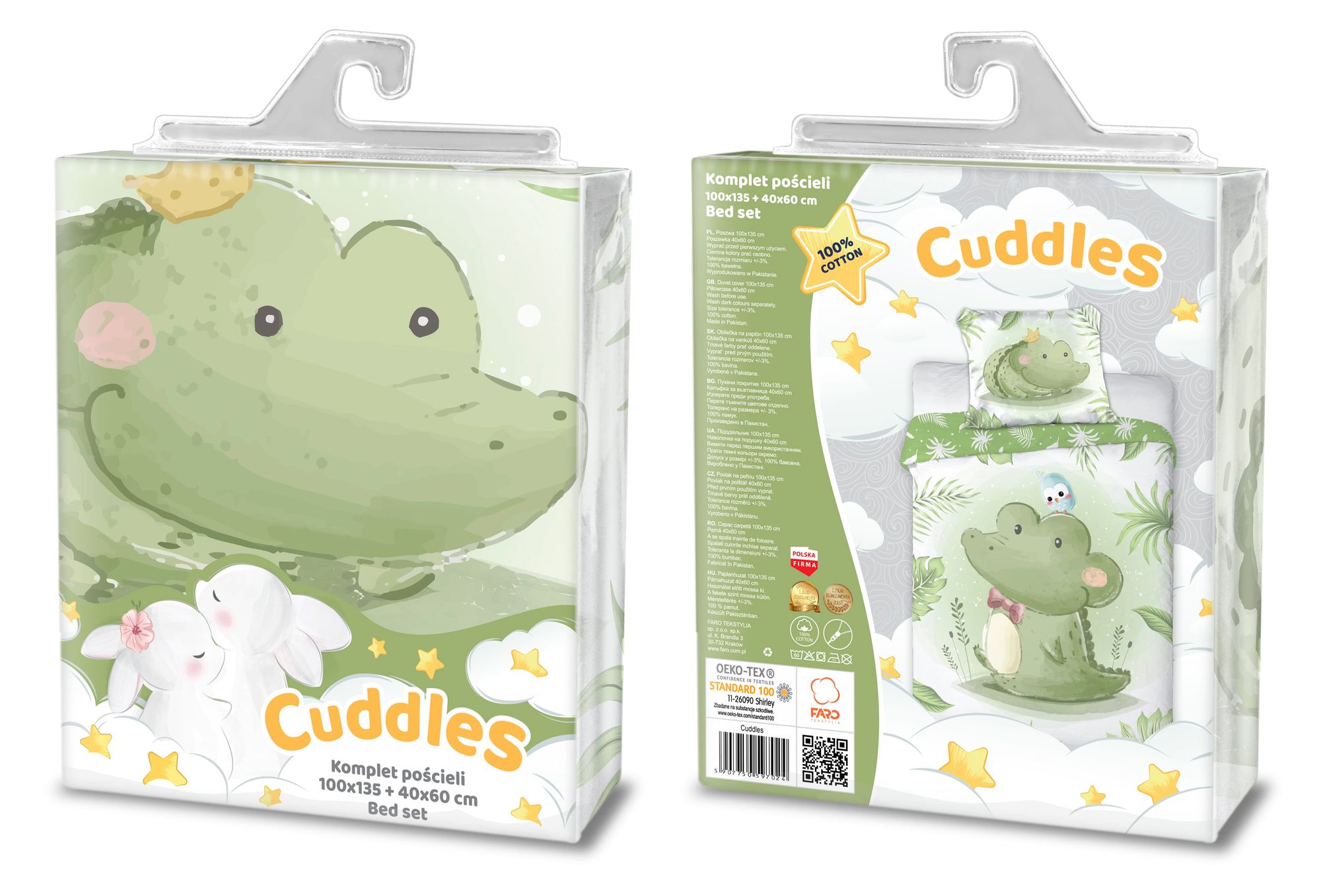 Baby Bettwäsche Set mit Krokodil 2 tlg. 100x135 cm 100% Baumwolle Verpackung Vorderseite und Rückseite.