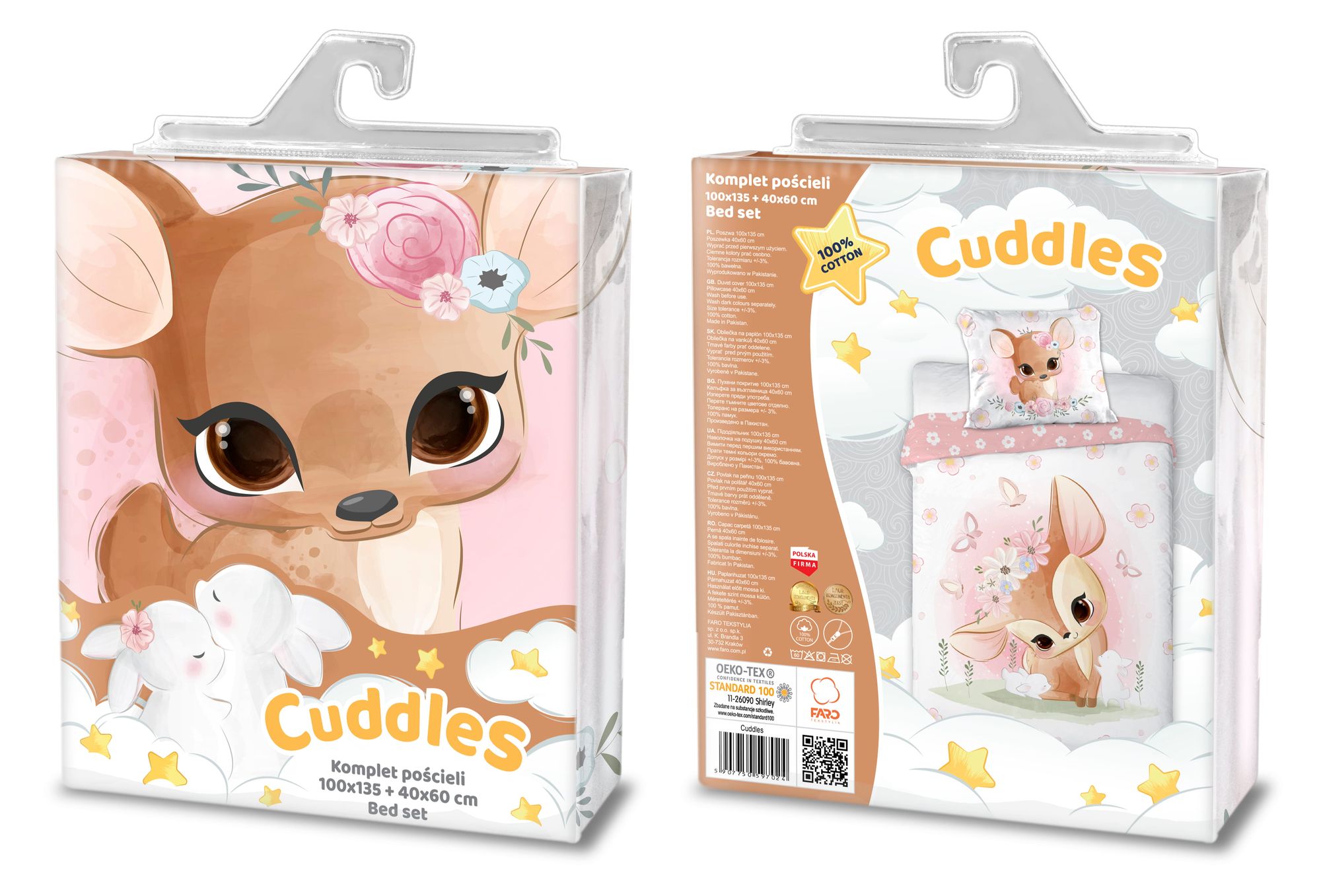 Baby Bettwäsche Set mit rosa Reh 2 tlg. 100x135 cm 100% Baumwolle Verpackung Vorderseite und Rückseite.