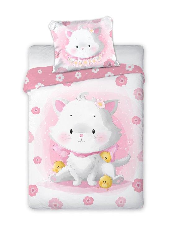 Baby Bettwäsche Set mit rosa Katze 2 tlg. 100x135 cm 100% Baumwolle Vorderseite und ein Teil der Rückseite.