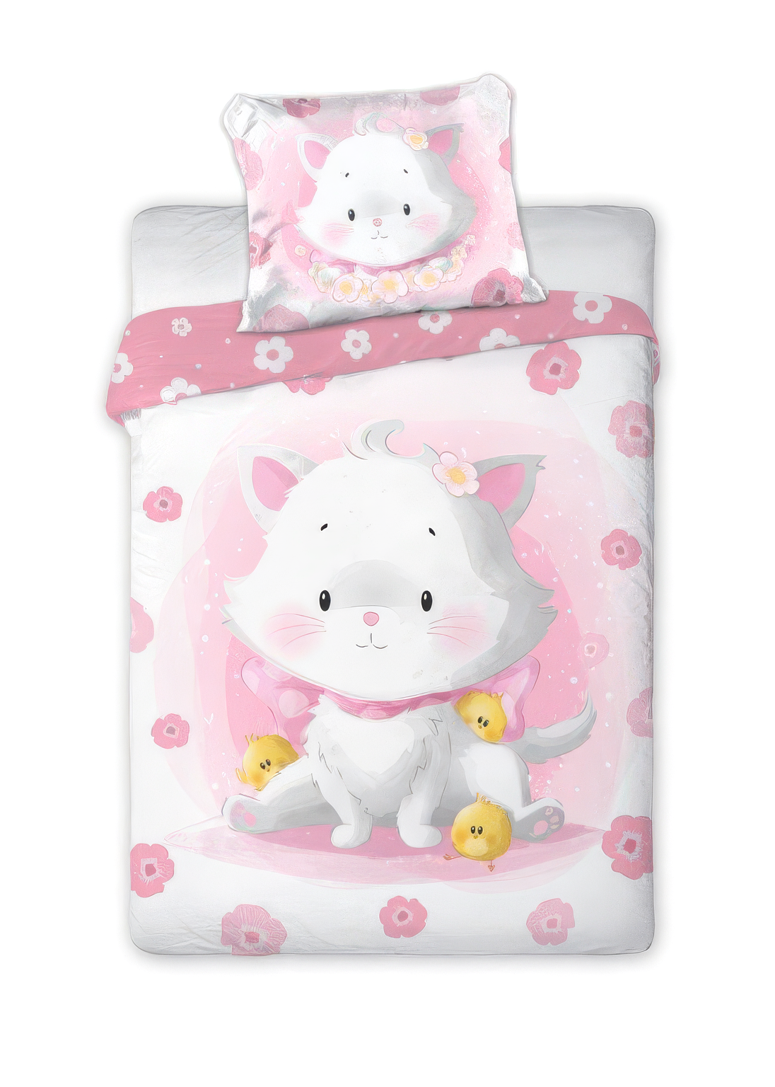 Freigestelle Produktansicht vom Baby Bettwäsche Set mit rosa Katze 2 tlg. 100x135 cm 100% Baumwolle