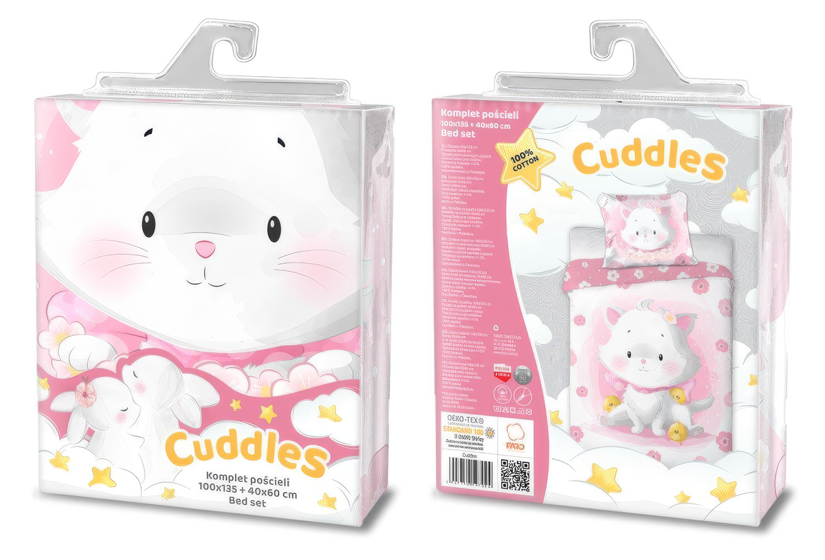 Baby Bettwäsche Set mit rosa Katze 2 tlg. 100x135 cm 100% Baumwolle Verpackung Vorderseite und Rückseite.