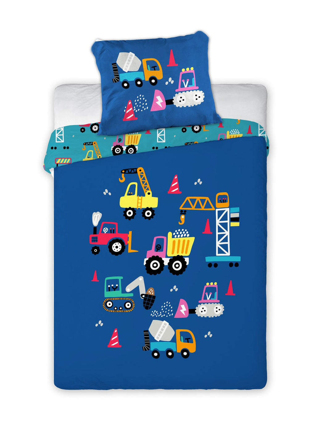Baby Bettwäsche Set Baustelle blau 2 tlg. 100x135 cm 100% Baumwolle Vorderseite und ein Teil der Rückseite.