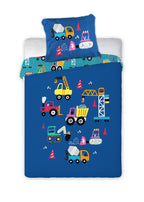 Baby Bettwäsche Set Baustelle blau 2 tlg. 100x135 cm 100% Baumwolle Vorderseite und ein Teil der Rückseite.
