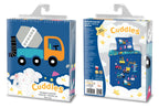 Baby Bettwäsche Set Baustelle blau 2 tlg. 100x135 cm 100% Baumwolle Verpackung Vorderseite und Rückseite.