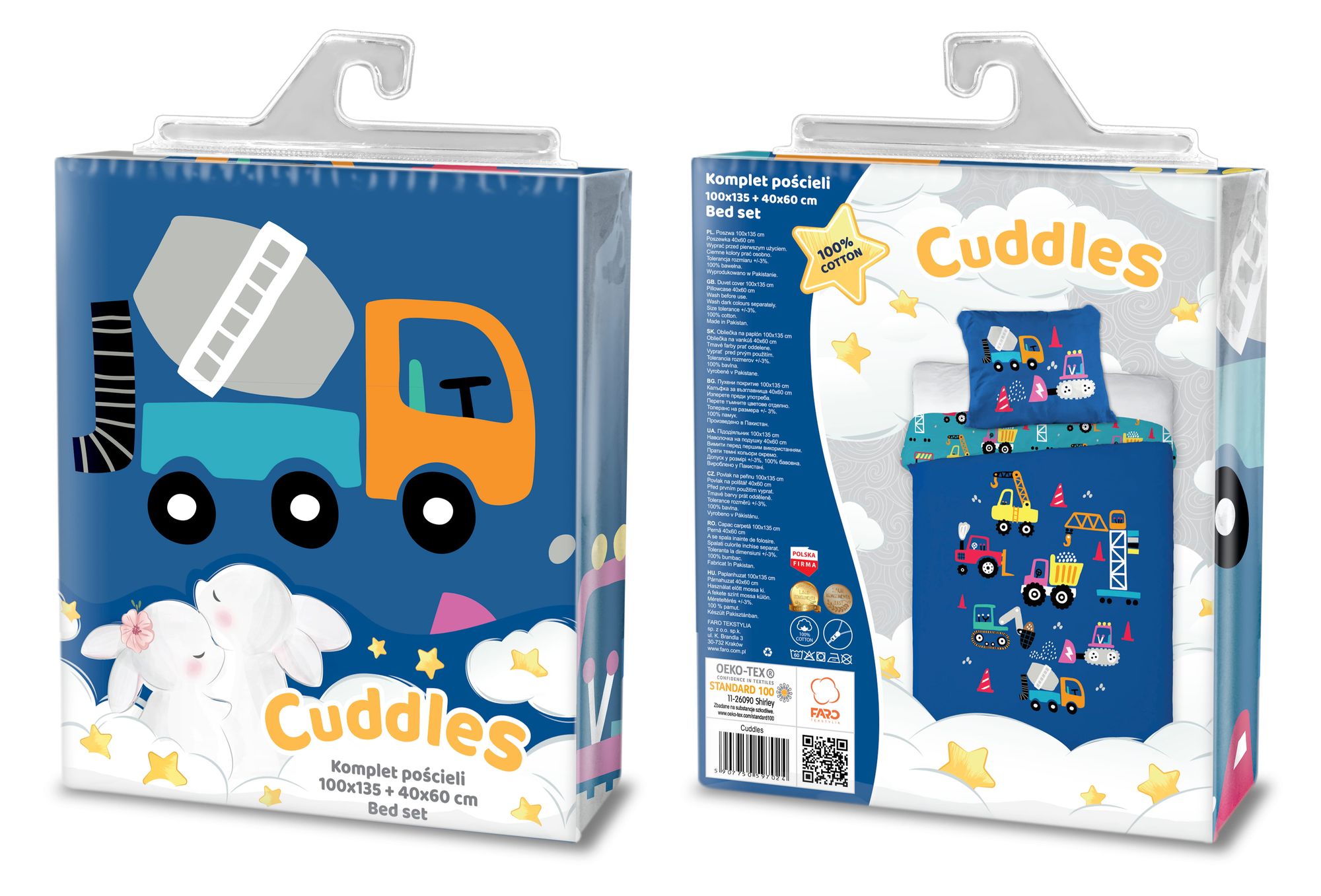 Baby Bettwäsche Set Baustelle blau 2 tlg. 100x135 cm 100% Baumwolle Verpackung Vorderseite und Rückseite.
