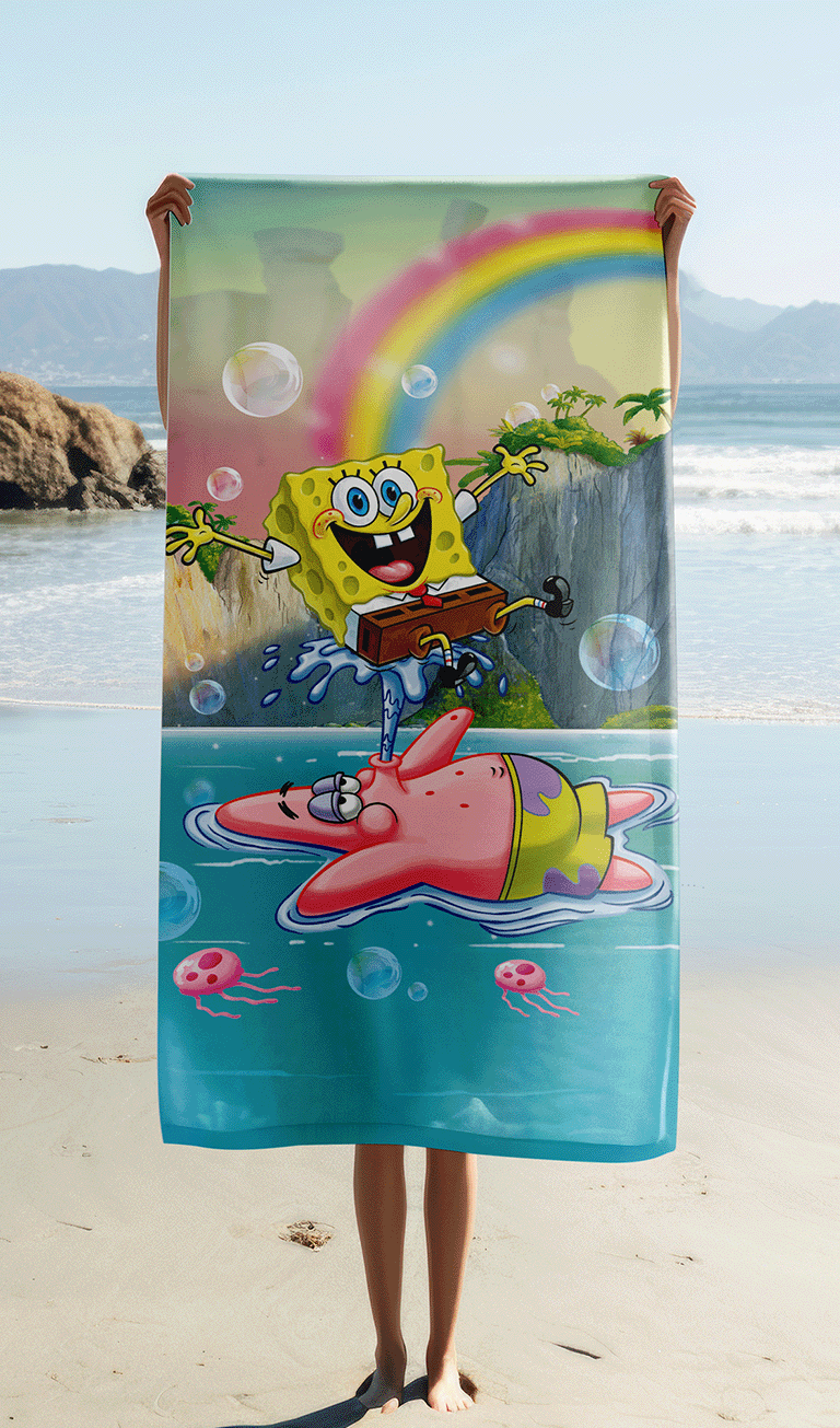SpongeBob Badetuch Strandtuch Duschtuch 70 x 140 cm 100% Baumwolle hält eine Person in den Händen