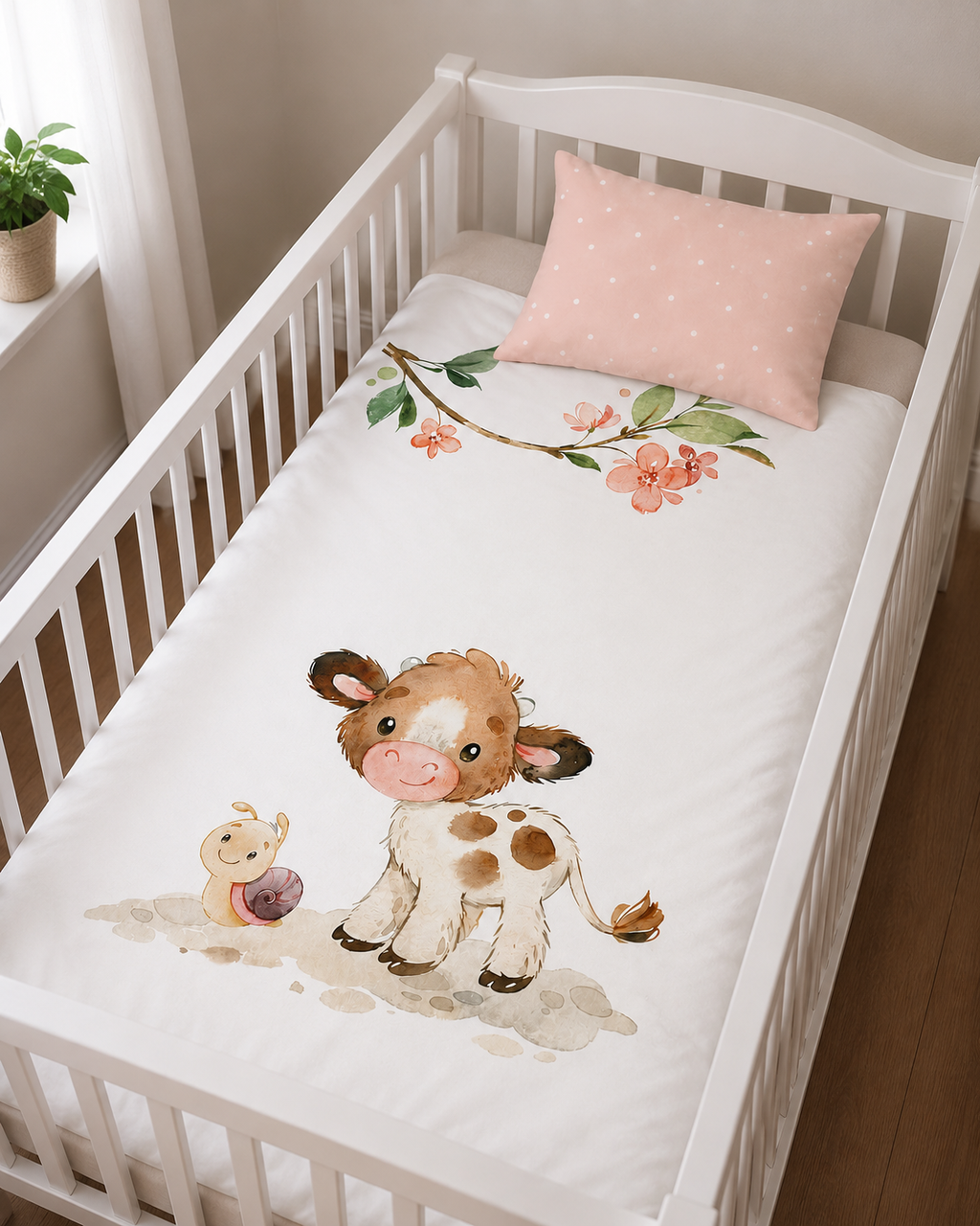 Herding Süßes Kälbchen Baby Bettwäsche 100 x 135 cm Baumwolle Flanell in einer schrägen Ansicht in einem Babybett