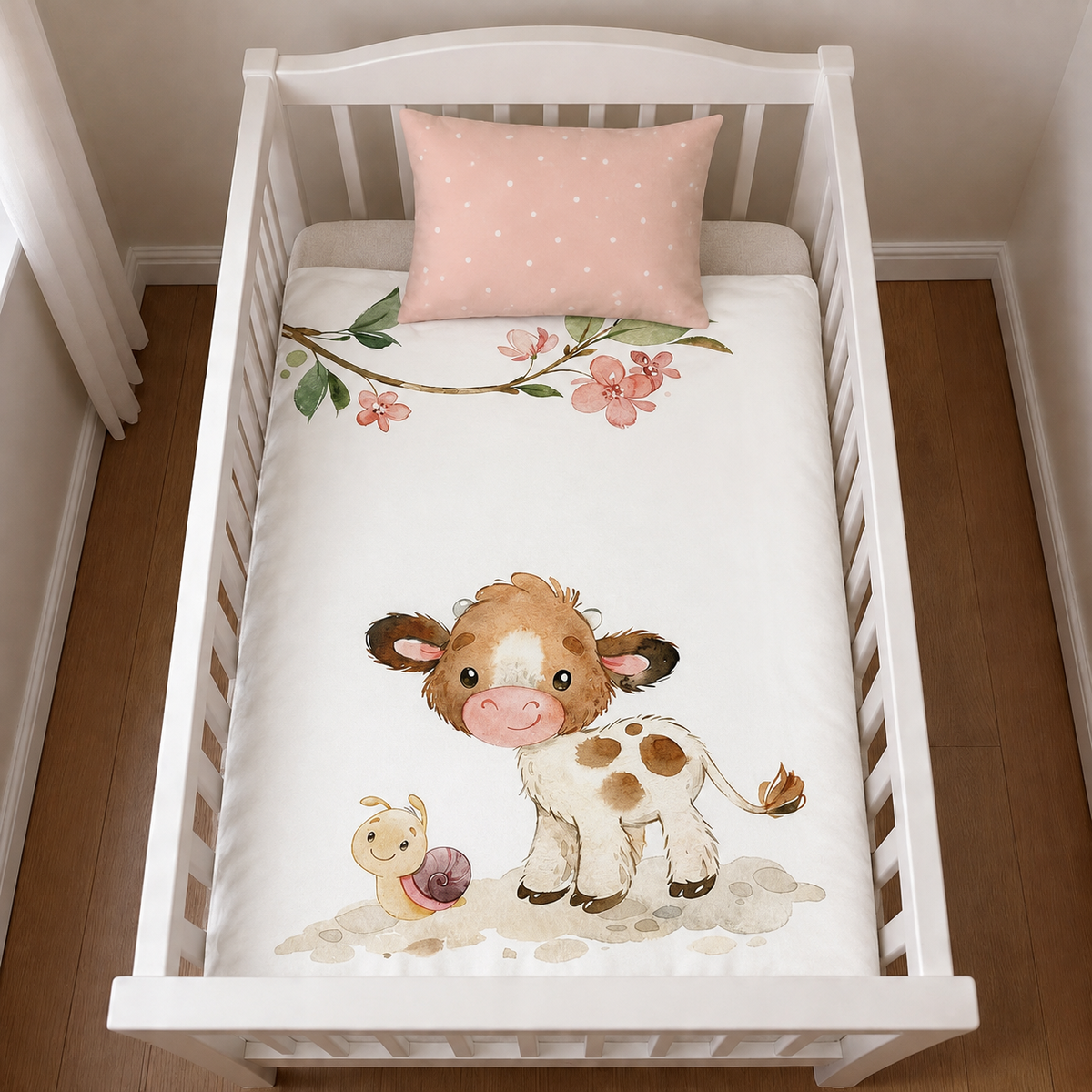 Herding Süßes Kälbchen Baby Bettwäsche 100 x 135 cm Baumwolle Flanell in einem Babybett dargestellt