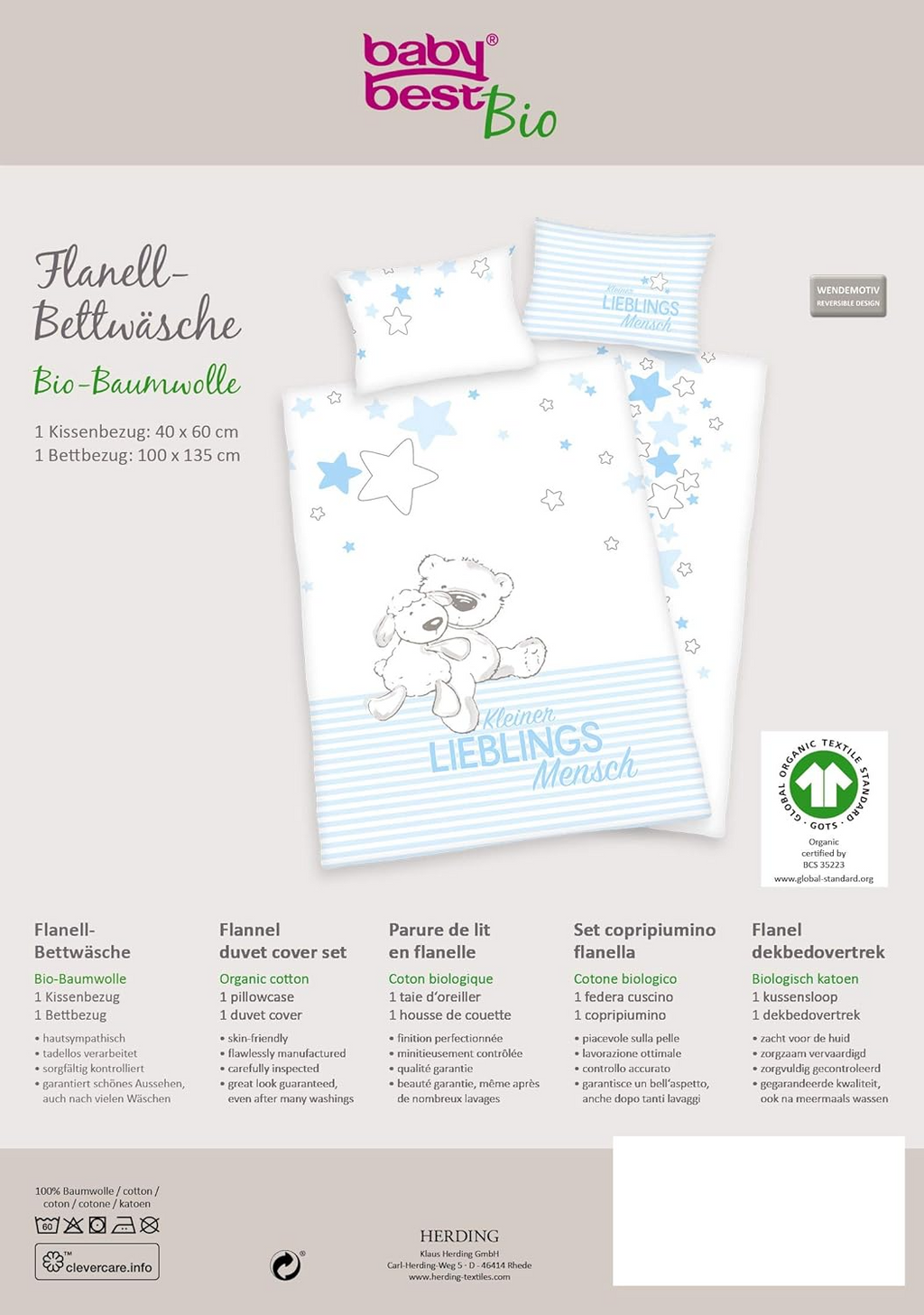 Baby Best Lieblingsmensch Baby-Bettwäsche 100x135 cm Baumwolle Flanell Rückseite der Verpackung