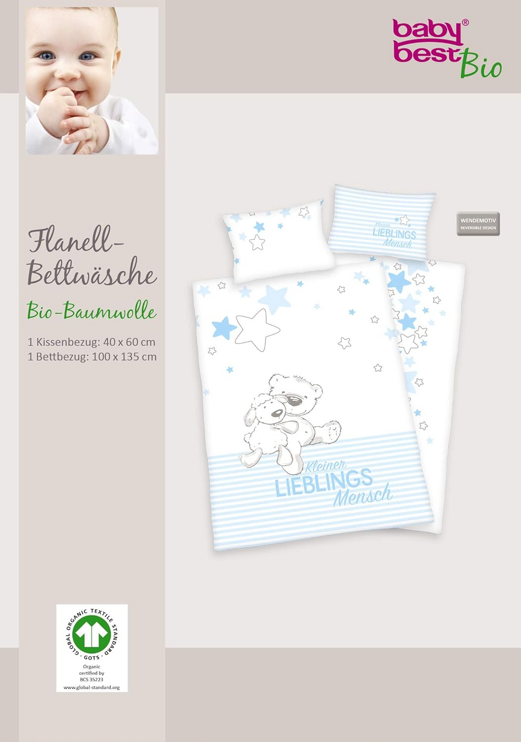 Baby Best Lieblingsmensch Baby-Bettwäsche 100x135 cm Baumwolle Flanell Vorderseite der Verpackung