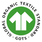 GOTS-Siegel (Global Organic Textile Standard) mit weißem Hemdensymbol auf grünem Kreis und dem Schriftzug "Global Organic Textile Standard" im runden Rand.