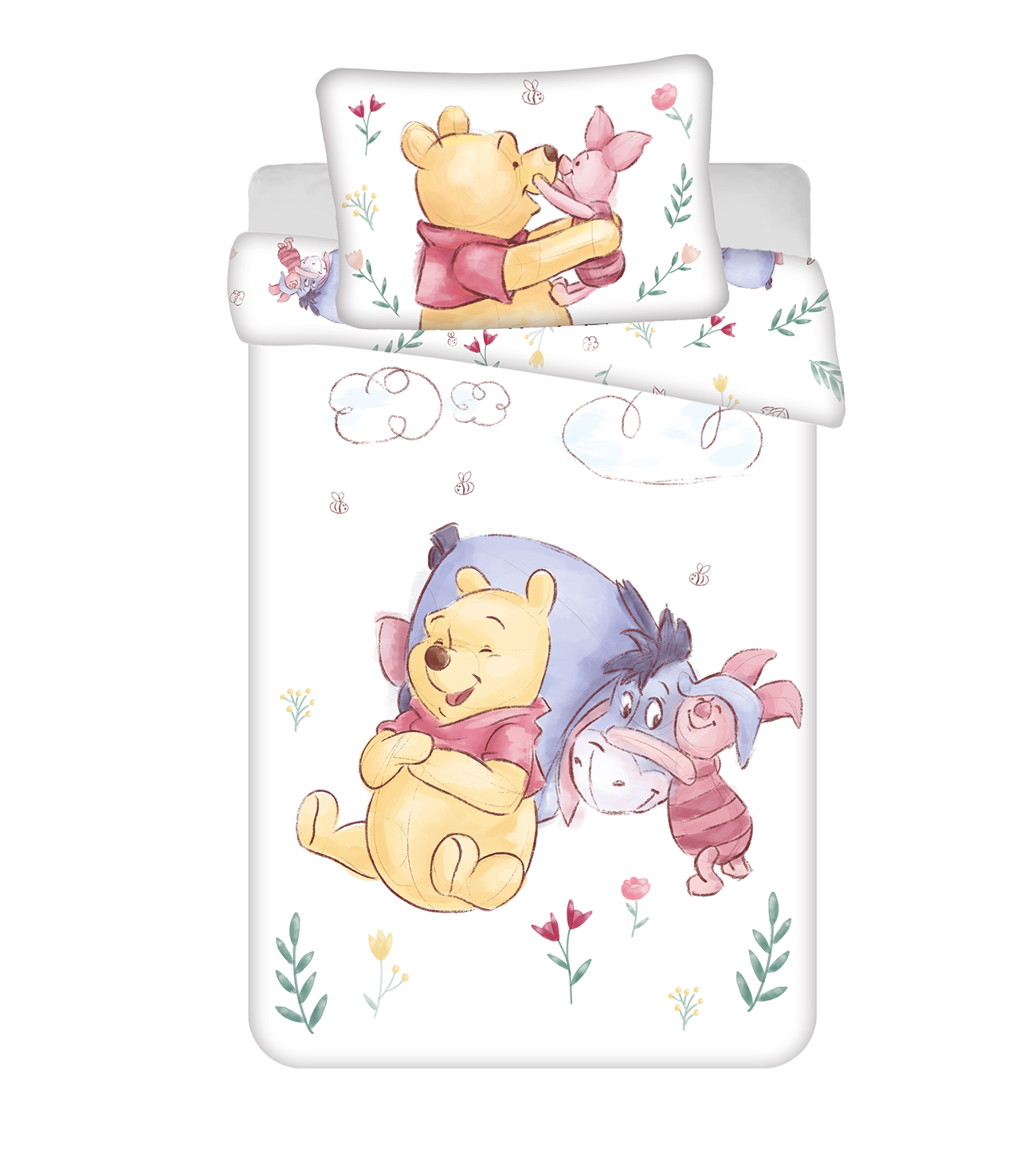 Disney Winnie Pooh Baby Bettwäsche Set 2 tlg 100x135 cm 100% Baumwolle Vorderseite und ein Teil der Rückseite vom Motiv