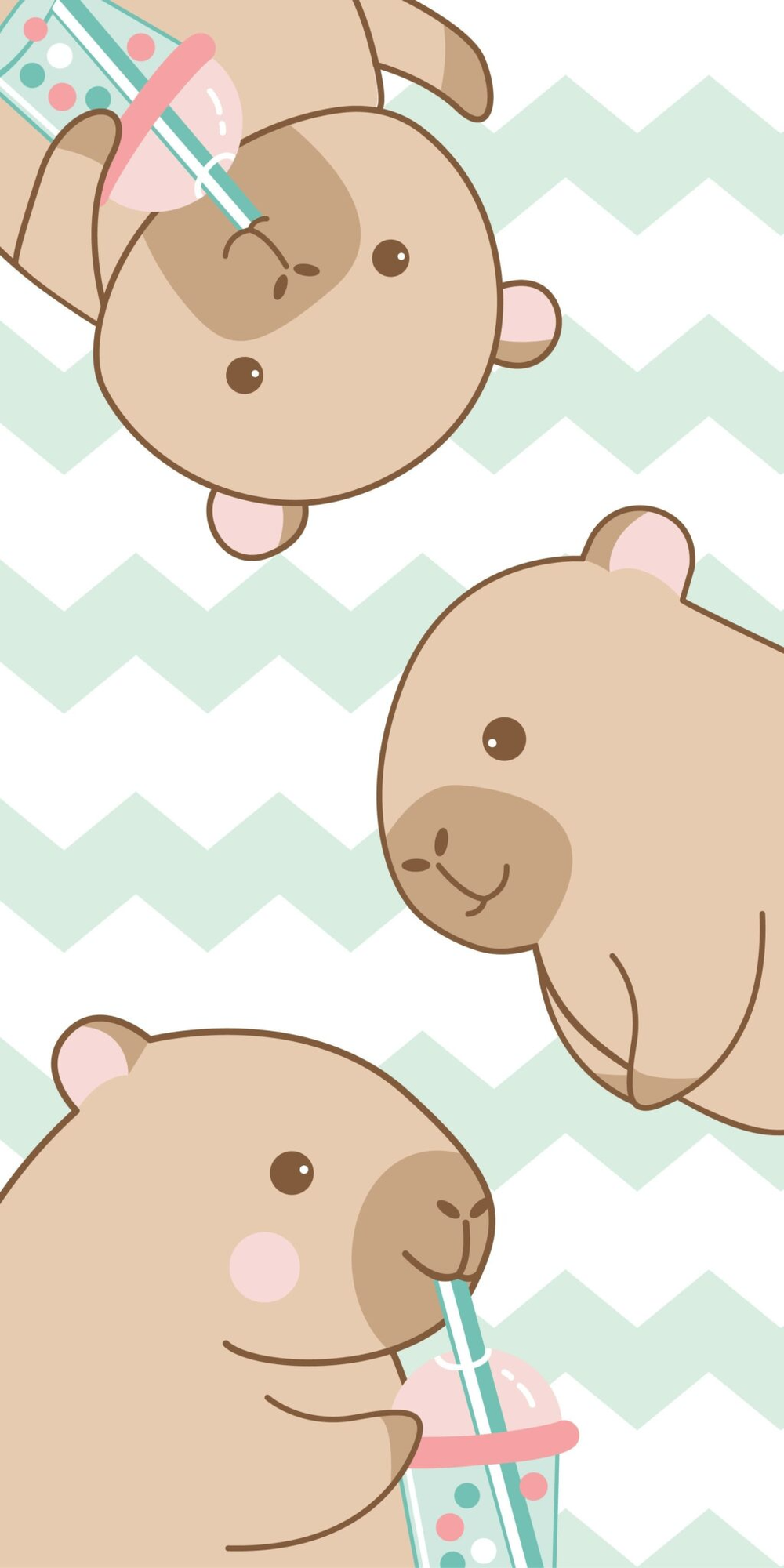 Produktbild des Capybara Badetuchs in der Frontalansicht. Drei gezeichnete, freundliche Capybaras im Comic-Stil trinken bunten Bubble Tea mit Strohhalm vor einem dekorativen, mintgrünen Zickzack-Muster.