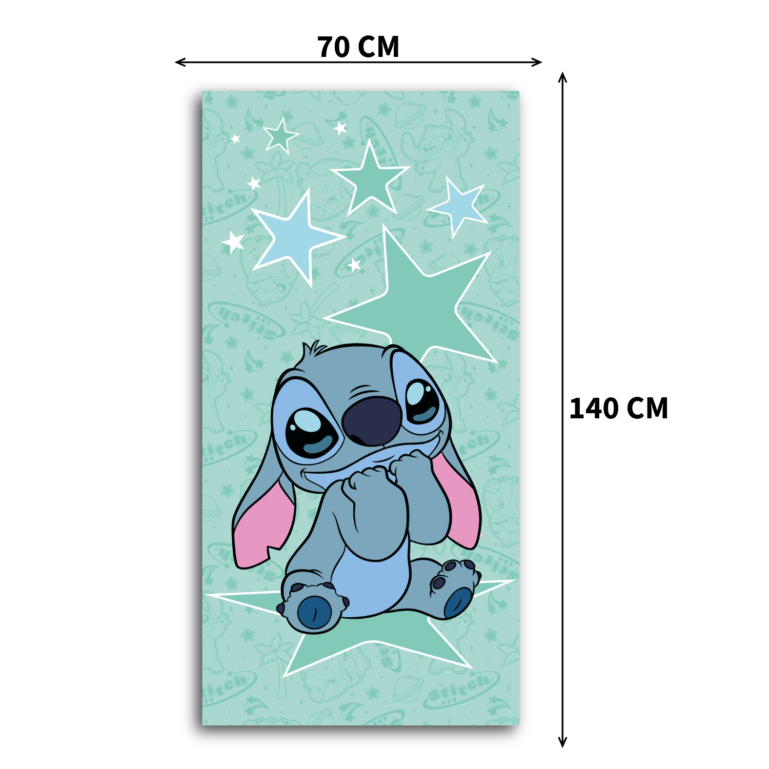 Stitch Kinder-Badetuch mit Maßangaben (70 cm Breite, 140 cm Länge). Das dunkelblaue Motiv zeigt Stitch, der fröhlich auf einer Mondsichel sitzt, umgeben von Sternen.