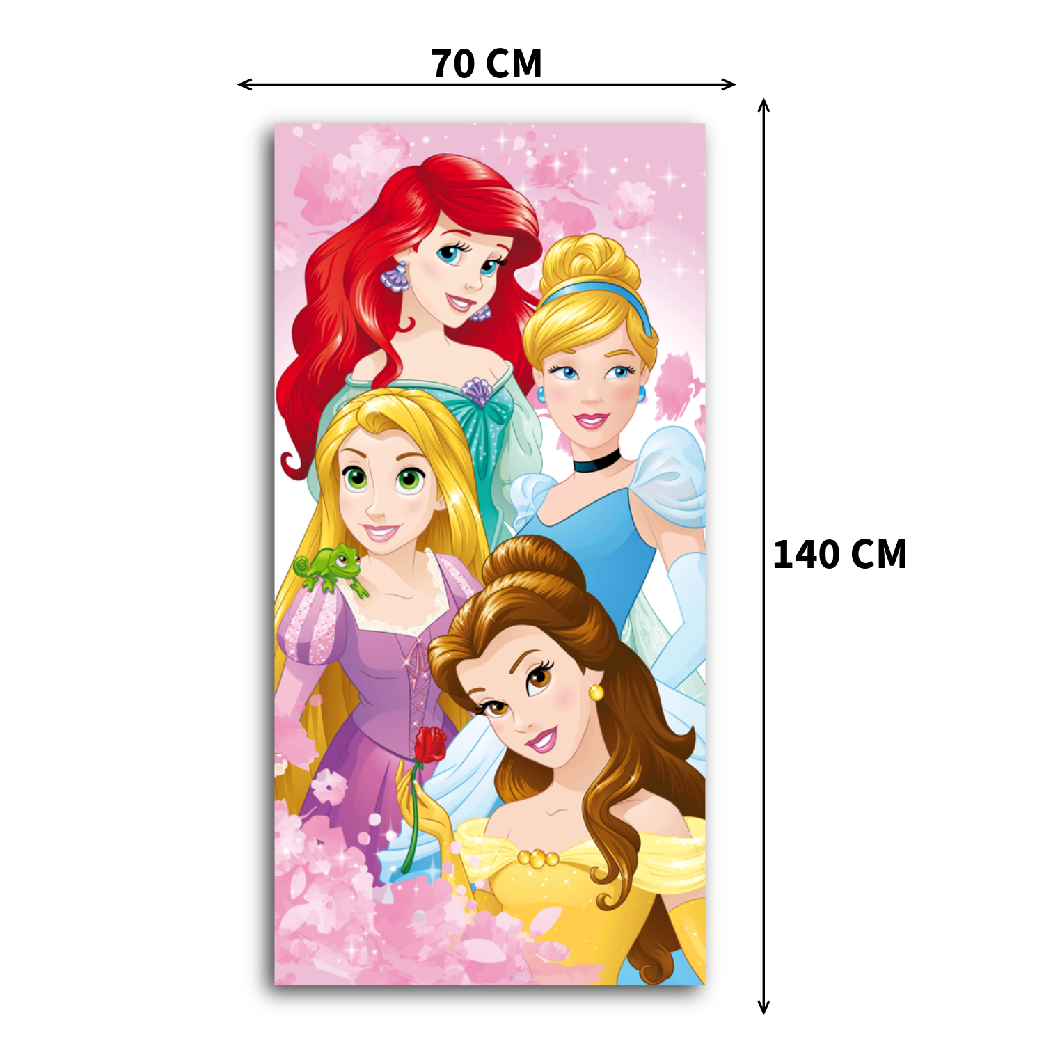Disney Princess Kinder-Badetuch mit Maßangaben (70 cm Breite, 140 cm Länge). Das pinkfarbene Motiv zeigt die drei Prinzessinnen Arielle, Rapunzel und Cinderella vor einem Schloss im Hintergrund.