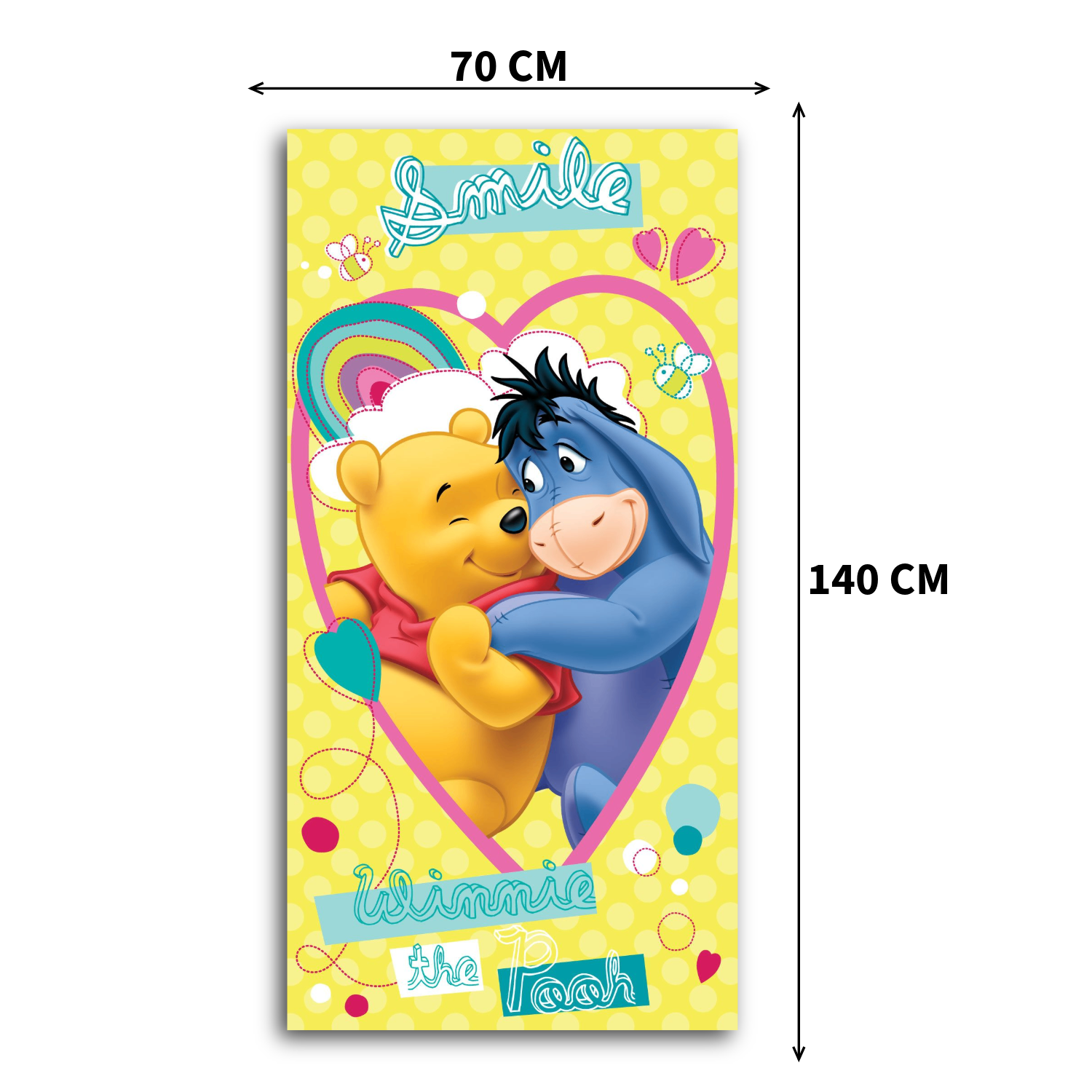 Winnie Puuh Badetuch mit Maßangaben (70 cm Breite, 140 cm Länge). Das Design zeigt Winnie Puuh und I-Aah in einer Umarmung vor einem großen rosa Herzen auf gelbem Hintergrund mit Punkten.