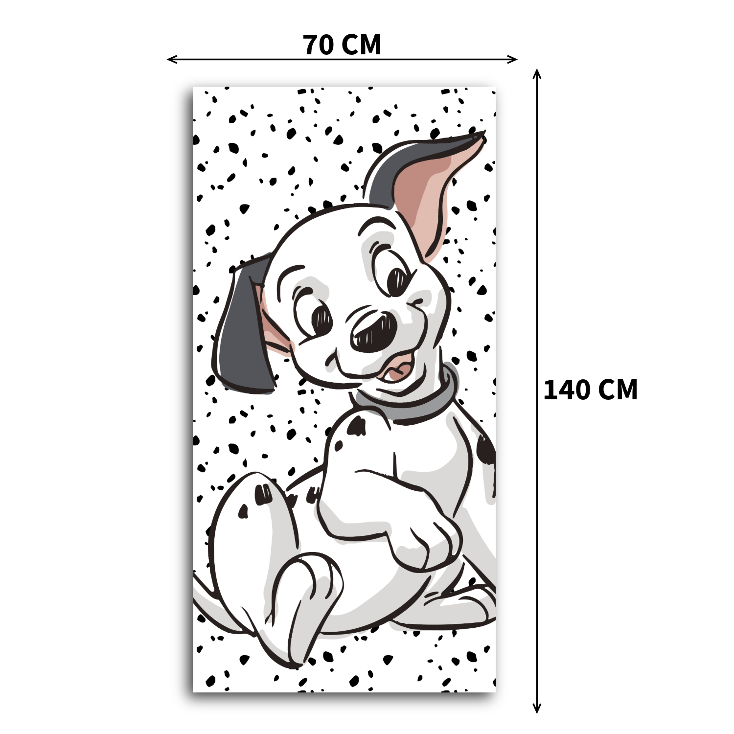 101 Dalmatiner Badetuch mit Maßangaben (70 cm Breite, 140 cm Länge). Das Design zeigt den Welpen Lucky auf einem weiß-schwarz gepunkteten Hintergrund.