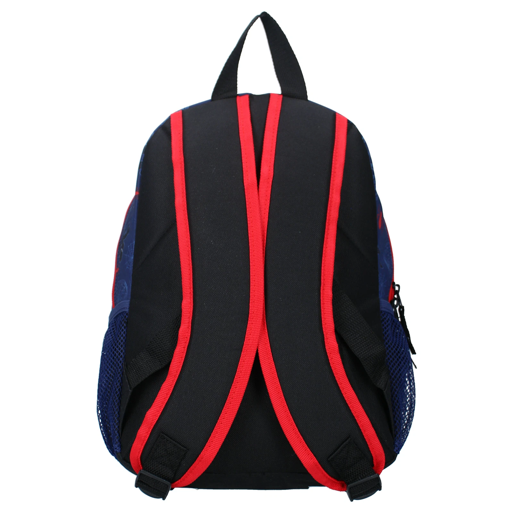 Die Rückansicht des dunkelblauen Spider-Man Kinderrucksacks zeigt die verstellbaren, gepolsterten Schultergurte, den praktischen Tragegriff oben sowie die seitliche Netztasche für Trinkflaschen.