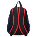 Die Rückansicht des dunkelblauen Spider-Man Kinderrucksacks zeigt die verstellbaren, gepolsterten Schultergurte, den praktischen Tragegriff oben sowie die seitliche Netztasche für Trinkflaschen.