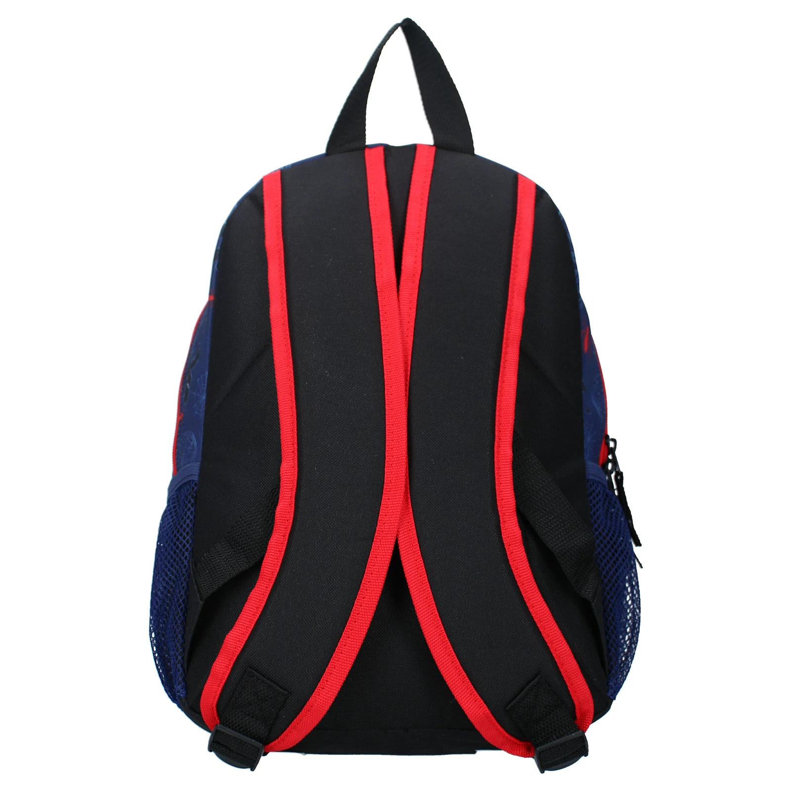 Die Rückansicht des dunkelblauen Spider-Man Kinderrucksacks zeigt die verstellbaren, gepolsterten Schultergurte, den praktischen Tragegriff oben sowie die seitliche Netztasche für Trinkflaschen.