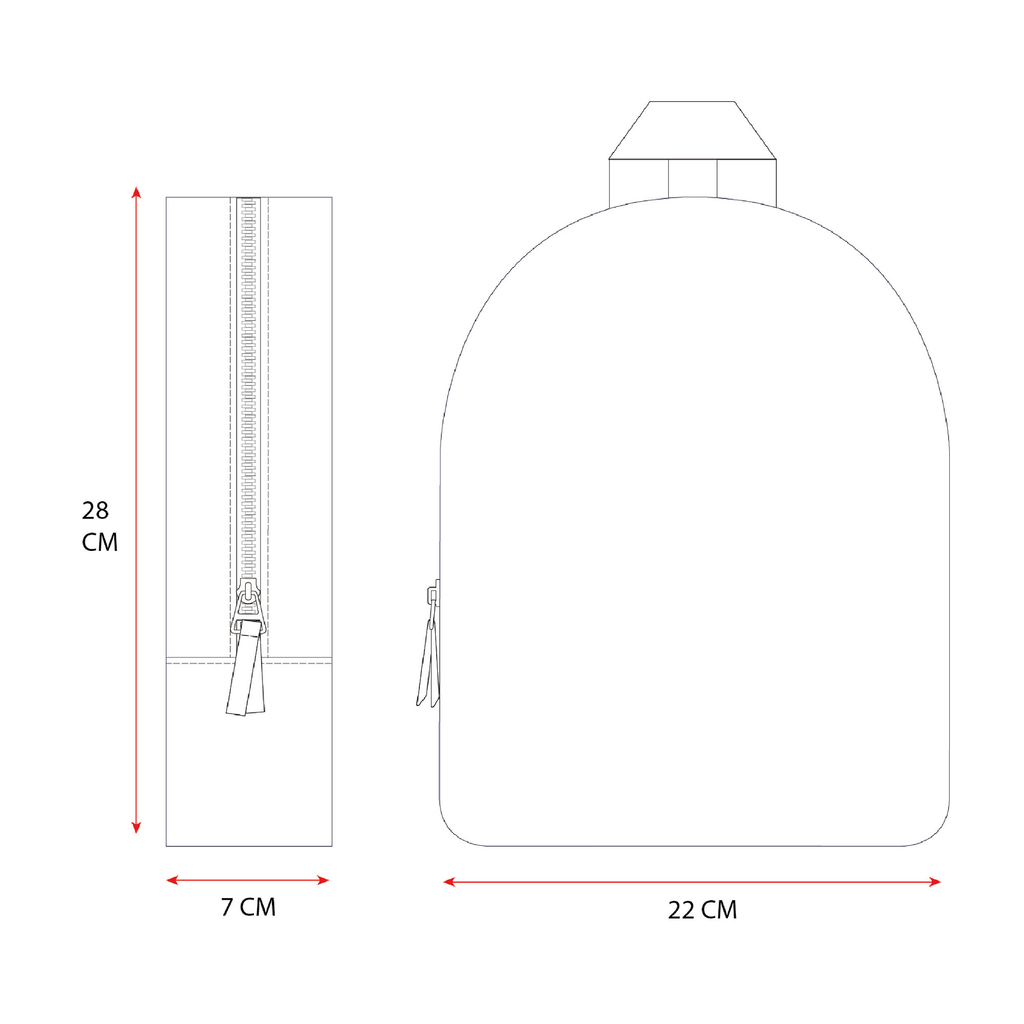 Skizze mit den Maßen des Hello Kitty Kinderrucksacks: Höhe 28 cm, Breite 22 cm und Tiefe 7 cm.