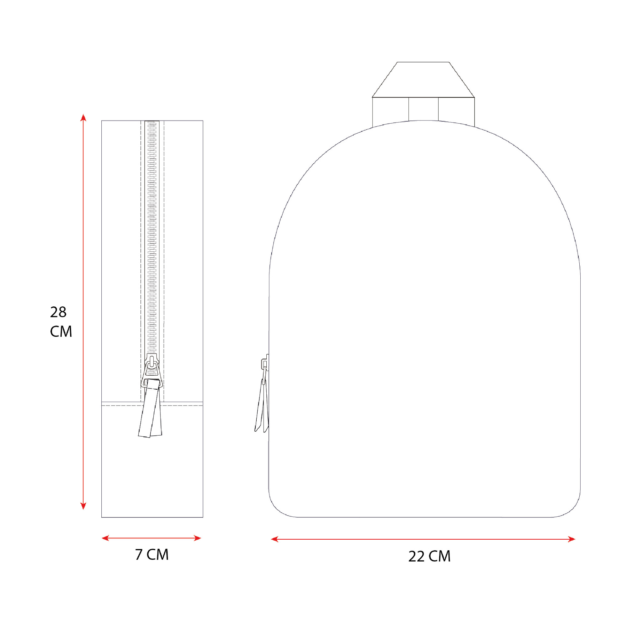 Skizze mit den Maßen des Hello Kitty Kinderrucksacks: Höhe 28 cm, Breite 22 cm und Tiefe 7 cm.