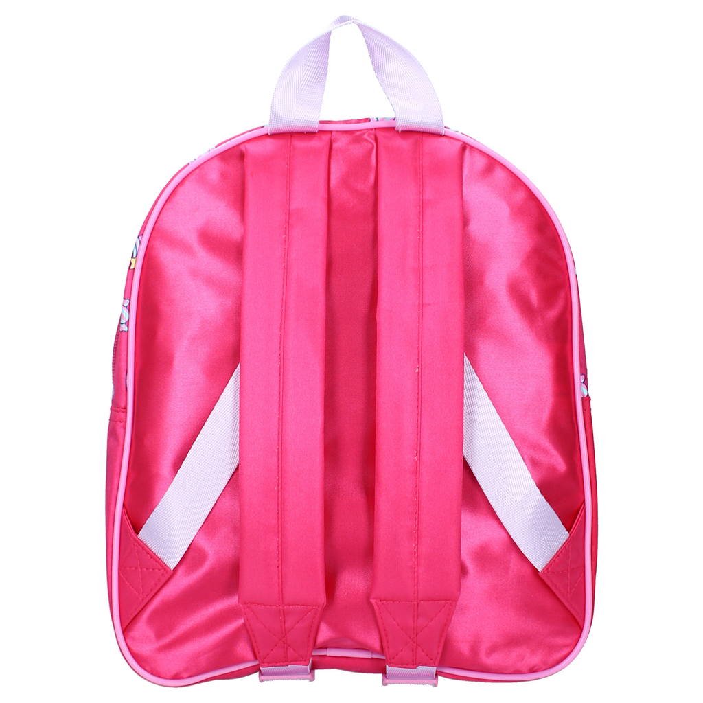 Rückseite des pinken Hello Kitty Kinderrucksacks mit verstellbaren, gepolsterten Schultergurten und einer praktischen Trageschlaufe in hellem Rosa.