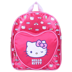 Pinker Hello Kitty Kinderrucksack mit Allover-Muster aus kleinen Hello Kitty Köpfen, Regenbögen und Süßigkeiten sowie einer großen, herzförmigen Vordertasche mit zwinkerndem Hello Kitty Motiv und Schriftzug.