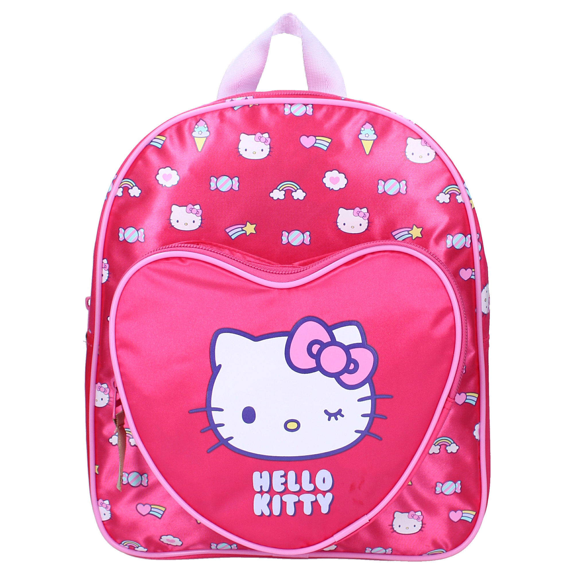 Pinker Hello Kitty Kinderrucksack mit Allover-Muster aus kleinen Hello Kitty Köpfen, Regenbögen und Süßigkeiten sowie einer großen, herzförmigen Vordertasche mit zwinkerndem Hello Kitty Motiv und Schriftzug.