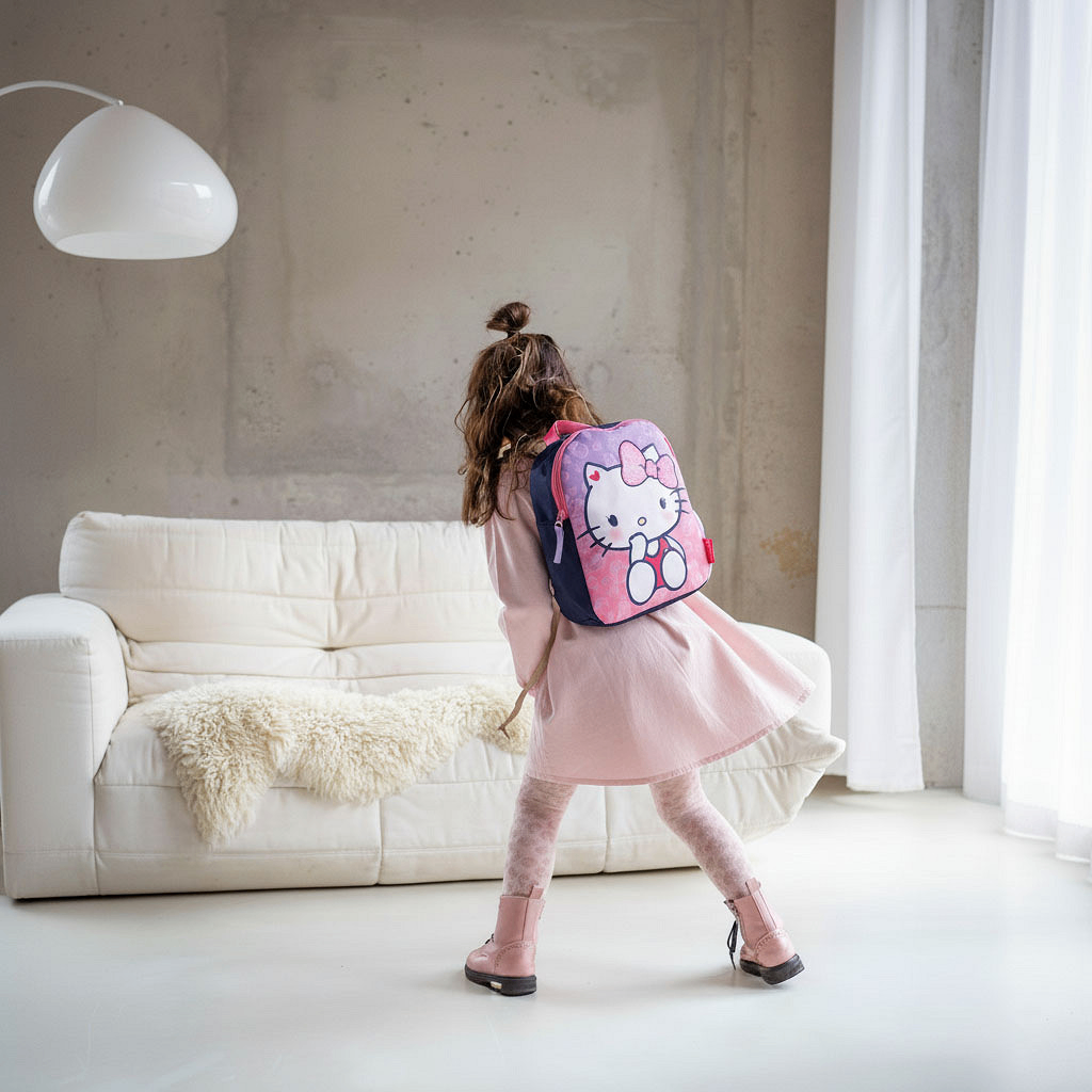 Kleines Kind in rosafarbenem Kleid trägt den Hello-Kitty-Rucksack auf dem Rücken und läuft durch ein helles Wohnzimmer mit Sofa und großer Fensterfront.