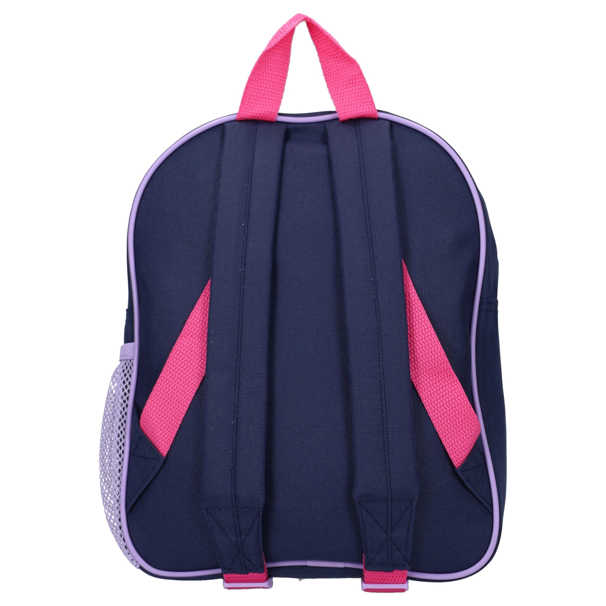 Rückansicht des Hello-Kitty-Kinderrucksacks in Dunkelblau mit rosa Tragegriff, verstellbaren Schultergurten und seitlichen Netztaschen.